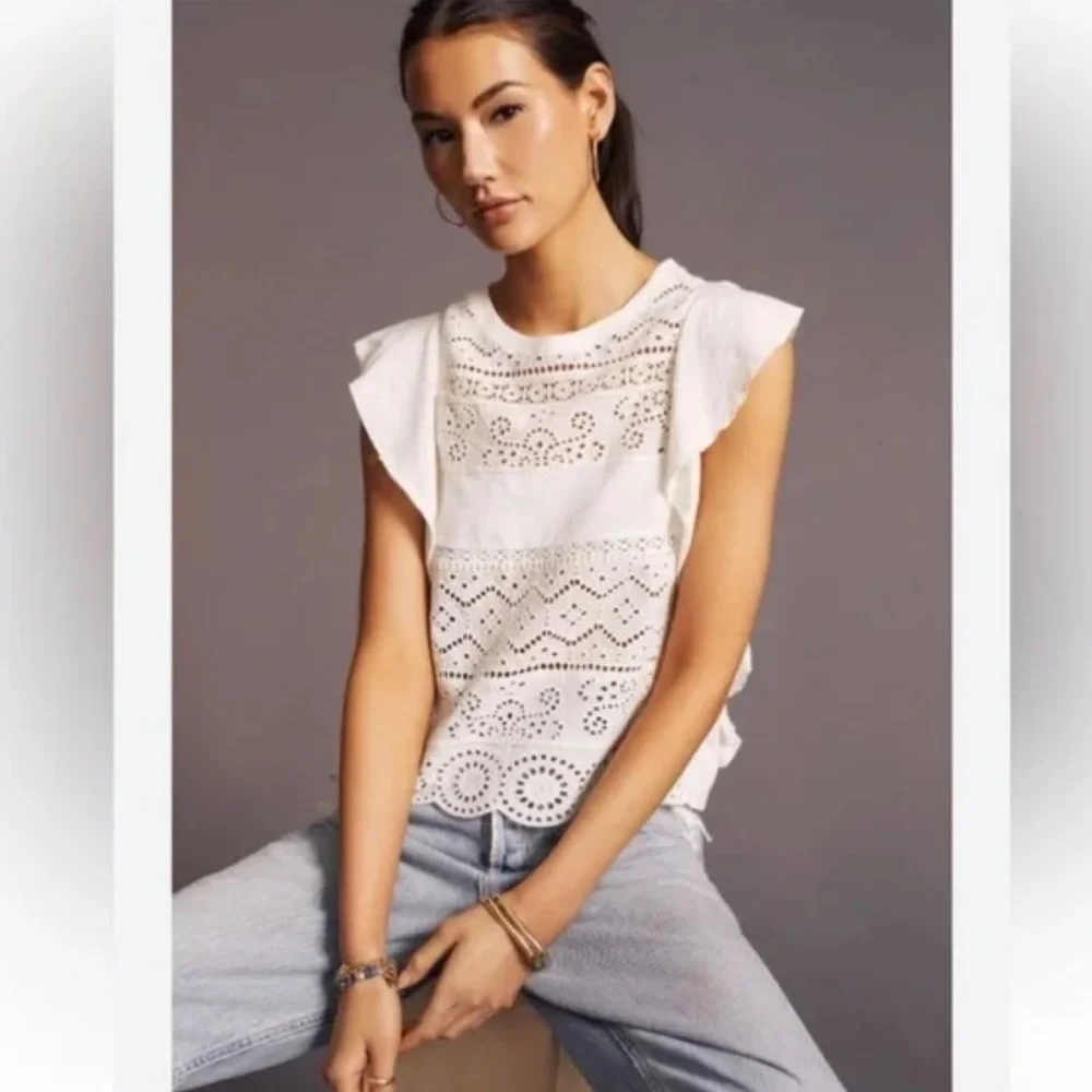 Anthropologie White Sustainable Lace Eyelet Blouse Large - Picture 3 of 8